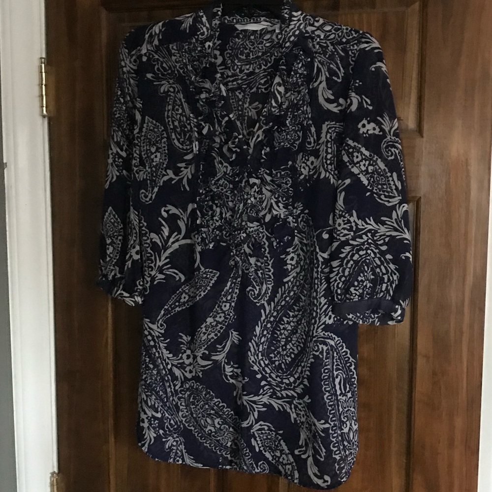 Express Navy and White sheer ruffled blouse